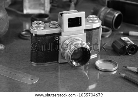 Old camera. Ancient photographic technique.