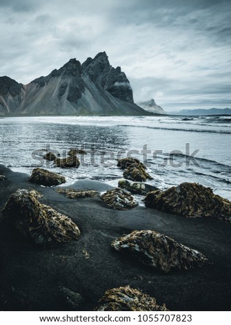 View of the Atlantic ocean. Location Stokksnes cape, Vestrahorn (Batman), Iceland, Europe. Instagram filter. Dramatic image of beautiful nature landscape. Moody picture. Discover the beauty of earth.