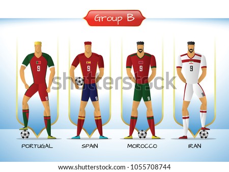 Soccer or football team 2018 uniform a group B. players with team shirts flags. vector illustration.