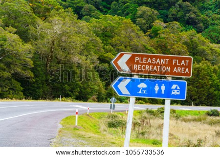 Road signs of recreation area along the way in both North and South Islands of New Zealand