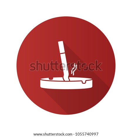 Ashtray with stubbed out cigarette flat design long shadow glyph icon. Stop smoking. Vector silhouette illustration