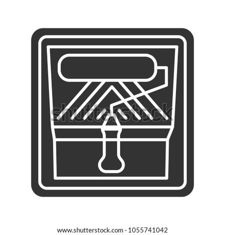 Paint roller in tray container glyph icon. Silhouette symbol. Painting, dyeing. Negative space. Vector isolated illustration