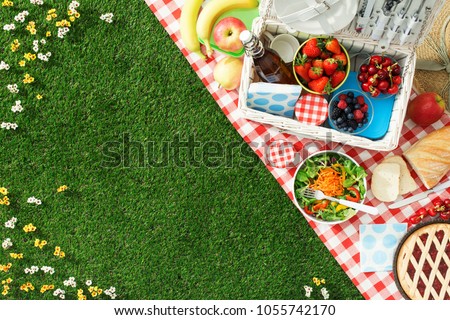 Summertime picnic setting on the grass with open picnic basket, fruit, salad and cherry pie Royalty-Free Stock Photo #1055742170