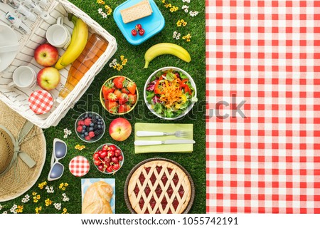 Picnic at the park on the grass: tablecloth, basket, healthy food and accessories, top view