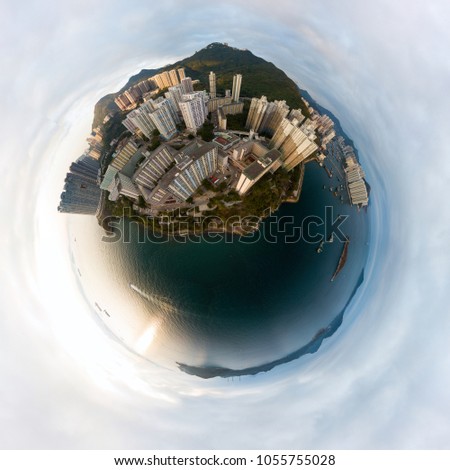 Little planet 360 degree sphere aerial shot. Panoramic view of the Wah Fu Estate and the surrounding Pokfulam area in Hong Kong.