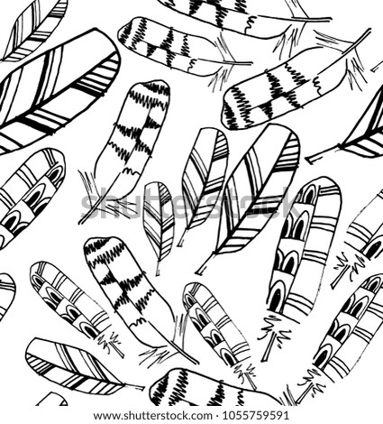seamless bird feather pattern. the owl feather. sketch drawn by a liner on a white background