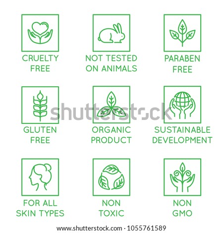 Vector set of design elements, logo design template, icons and badges for natural and organic cosmetics in trendy linear style - cruelty free, not tested on animals, paraben free, gluten free, organic