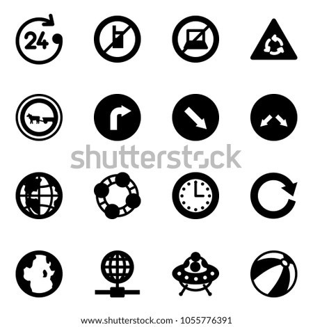 Solid vector icon set - 24 hours vector, no mobile sign, computer, round motion road, cart horse, only right, detour, globe, friends, time, reload, ufo toy, beach ball