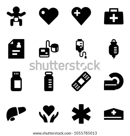 Solid vector icon set - baby vector, heart, doctor bag, patient card, tonometer, drop counter, pills bottle, vial, medical patch, mri, liver, care, ambulance star, hat