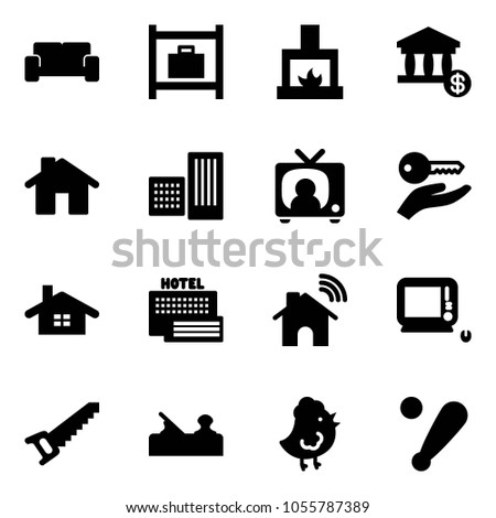 Solid vector icon set - vip waiting area vector, baggage room, fireplace, account, home, building, tv news, key hand, sea hotel, wireless, monoblock pc, saw, jointer, chicken toy, baseball bat