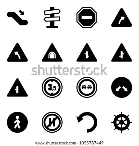 Solid vector icon set - escalator down vector, road signpost sign, no way, turn right, left, tunnel, intersection, limited height, overtake, detour, pedestrian, parking even, undo, hand wheel