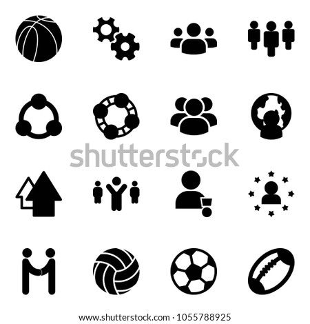 Solid vector icon set - basketball ball vector, gear, group, social, friends, man globe, arrow up, team leader, winner, star, agreement, volleyball, soccer, football