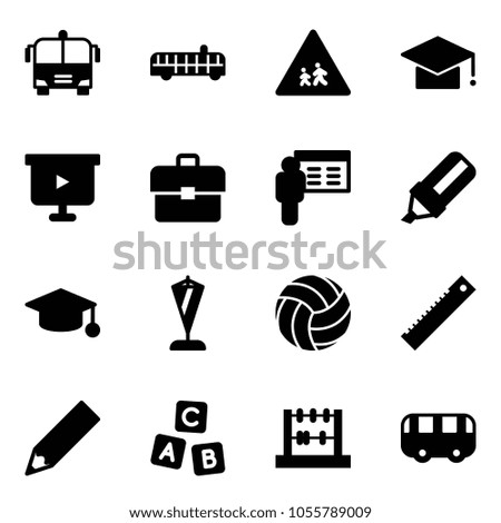 Solid vector icon set - airport bus vector, children road sign, graduate hat, presentation board, portfolio, highlight marker, pennant, volleyball, ruler, pencil, abc cube, abacus, toy