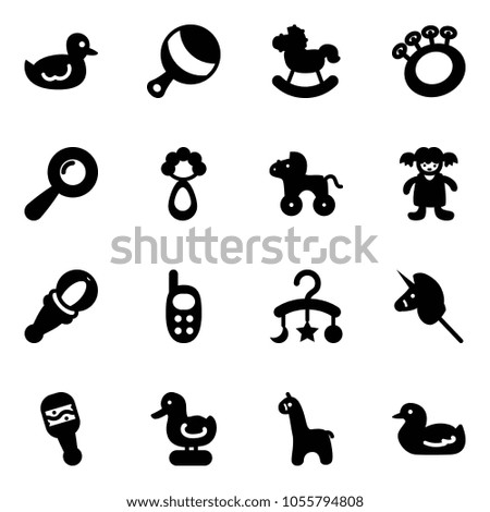 Solid vector icon set - duck toy vector, beanbag, rocking horse, wheel, doll, phone, baby carousel, unicorn stick, giraffe
