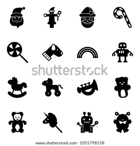 Solid vector icon set - santa claus vector, lollipop, dog, rainbow, robot, rocking horse, wheel, horn toy, bear, unicorn stick, monster