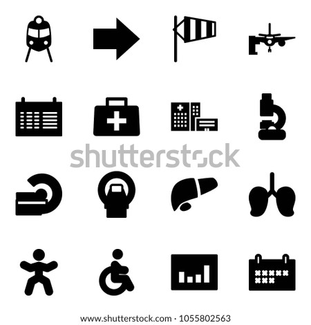 Solid vector icon set - train vector, right arrow, side wind, boarding passengers, schedule, doctor bag, hospital building, lab, mri, liver, lungs, gymnastics, disabled, statistics