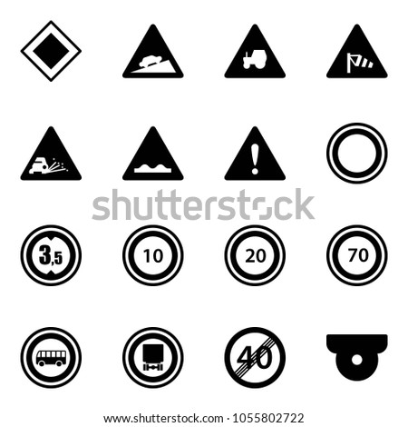 Solid vector icon set - main road vector sign, climb, tractor way, side wind, gravel, rough, attention, prohibition, limited height, speed limit 10, 20, 70, no bus, dangerous cargo, end