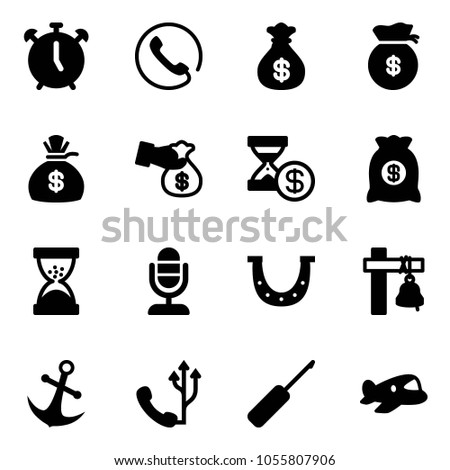 Solid vector icon set - alarm clock vector, phone, money bag, encashment, account history, sand, microphone, luck, ship bell, anchor, awl, plane toy
