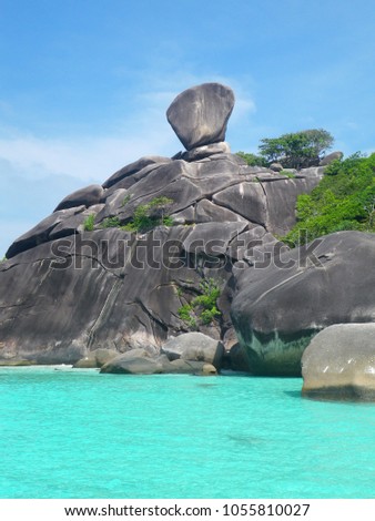 Fantastic scenery  of giant rocks of Similan islands with clear blue sky and emerald water in Andaman sea, Thailand. Travel paradise for tourists of South-East Asia, outdoor nature landscape.