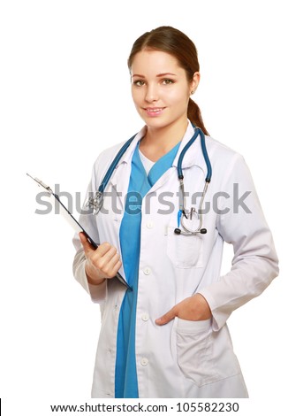 A female doctor with a folder, standing isolated on white background Royalty-Free Stock Photo #105582230