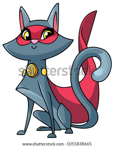 Full length funny illustration of a strong and healthy cat wearing superheroine cape and mask against white background for copy space.