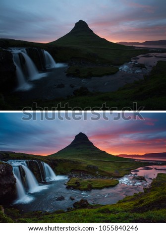 Amazing mountain view of Kirkjufell volcano. Location Kirkjufellsfoss, Iceland, Europe. Beautiful nature landscape. Images before and after. Original or retouch. Discover the beauty of earth.
