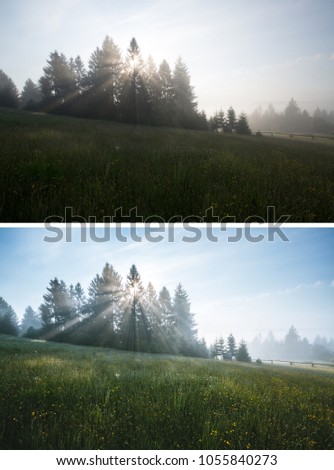 Beautiful nature landscape, amazing view. Dramatic morning scene. Location Carpathian mountains, Ukraine, Europe. Discover the beauty of earth. Images before and after. Original or retouch.