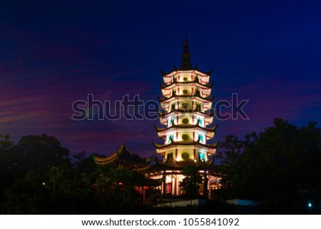 Stunning view of the Tallest Vihara in Indonesia on Blue Hour.