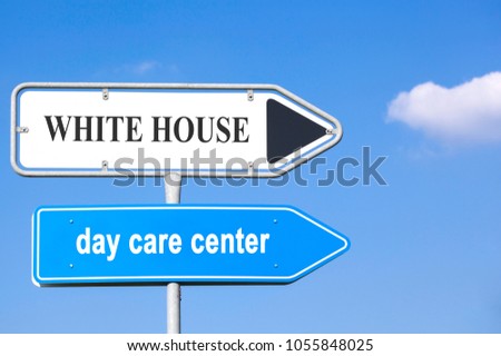 two street signs with arrows to the right side, showing the way to the white house and to the day care center, concept concerning american politic affairs