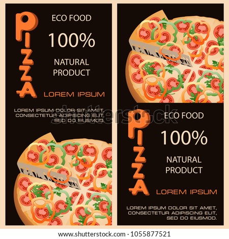 Realistic pizza on a black background. Design of a poster, a flyer for a pizzeria. Two vertical compositions and text.