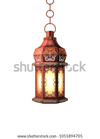 Ramadan kareem lantern celebration lamp realistic 3d illustration. Vector arab islam culture festival decoration religious fanoos glowing symbol white background Traditional muslim poster card design Royalty-Free Stock Photo #1055894705