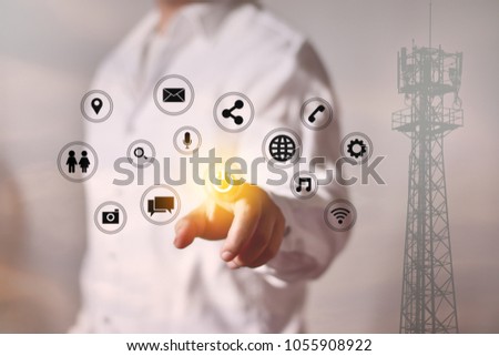 Double exposure of Business man in white shirt with social media icon with communication tower