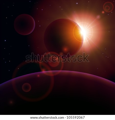 Space background with planet and shining sun, illustration.