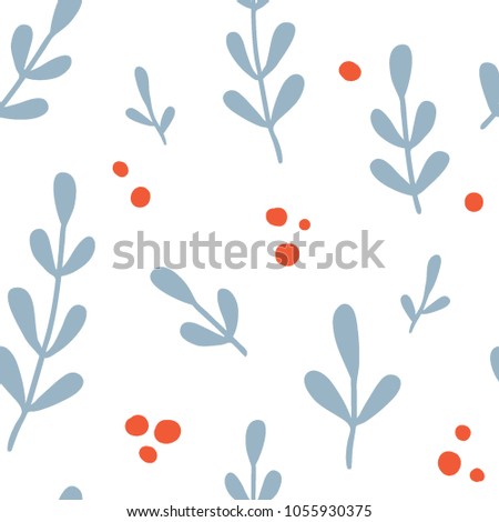 Seamless pattern with vintage colorful hand drawn leaves and dots. Modern and original textile, wrapping paper, wall art design. Vector illustration. Floral simple minimalistic graphic design