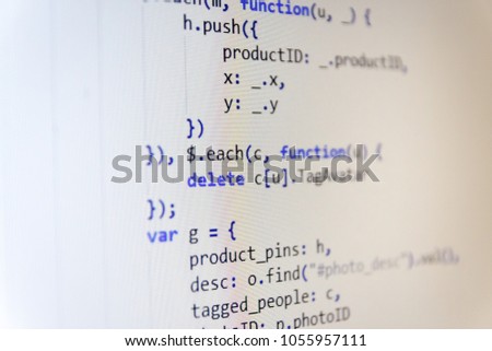 Displaying program code on computer. Programming code abstract screen of software developer. Freeware open source project. Developer occupation work photo. Writing programming code on laptop. 