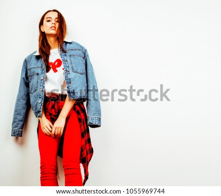 young pretty stylish hipster girl posing emotional isolated on white background happy smiling cool smile, lifestyle people concept close up