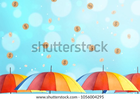 Colorful umbrella with rainy gold coin. Monsoon sale concept