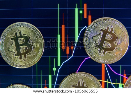 Golden Bitcoin with stock exchange market graph background. Digital money trading concept.