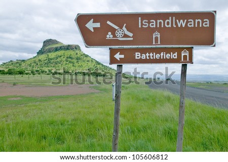 Sign for Isandlwana Battlefield, the scene of the Anglo Zulu battle site of January 22, 1879. The great Battlefield of Isandlwana and the Oskarber, Zululand, northern Kwazulu Natal, South Africa