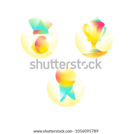 Awards and prizes. Medal, gold cup, certificate seal. Vector flat icons with gradient, isolated on white background. Fashionable style. Icons for website and print.