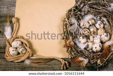 Vintage paper with eggs inside of bird nest from one side and rope coil from other on rustic wood. Background for Easter and hunt topic