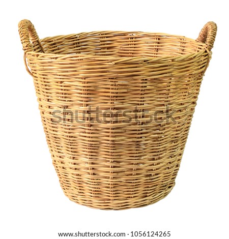 Empty wooden wicker basket isolated on white background. Royalty-Free Stock Photo #1056124265
