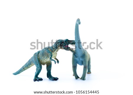 Green tyrannosaurus rex with funny brachiosaurus isolated in the background - front side