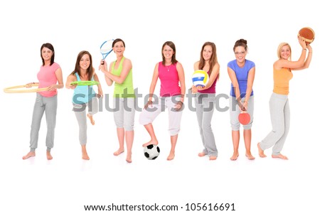 A picture of seven girls presenting different sports over white background