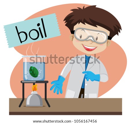 Wordcard for boil with boy doing science lab illustration
