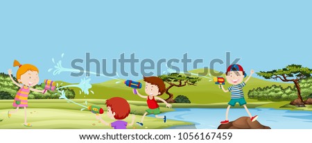 Four kids playing watergun in park illustration