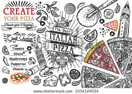 Italian food ingredients in top view this is a pizza restaurant frame. Lined template or doodle illustration. Vector design.