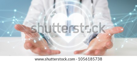 Doctor on blurred background holding heartbeat digital interface 3D rendering