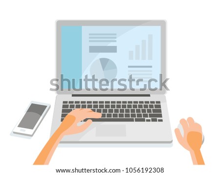 Online marketing. Working in internet. Vector front view picture illustration of office manager workplace, working place, desk, table, laptop, mouse pad and mouse and someones worker user hands.