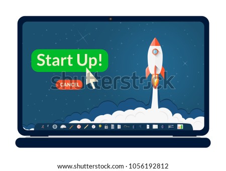 Business laptop illustration with a startup icons set and rocket launching background